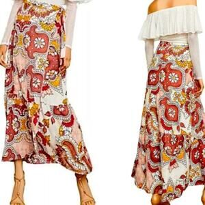 BCBG MaxAzria Wrap Midi Skirt Dusty Rio Red Paisley Size Medium